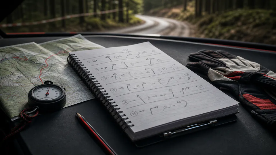 A rally pace-note notebook, road map, stopwatch and driving gloves overlooking a winding forest road